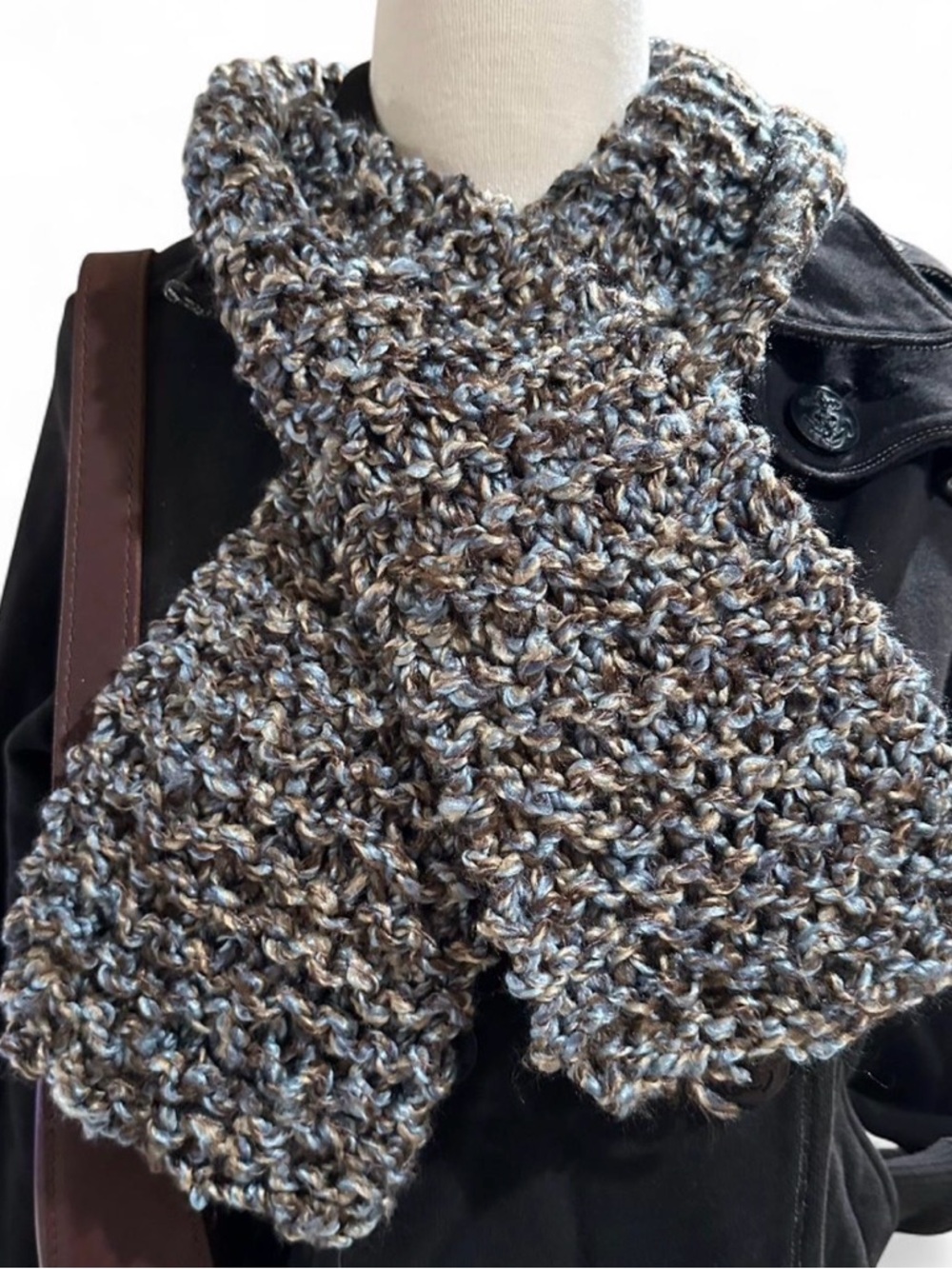Chunky Hand-Knit Multicolor Scarf - Soft Brown & Blue